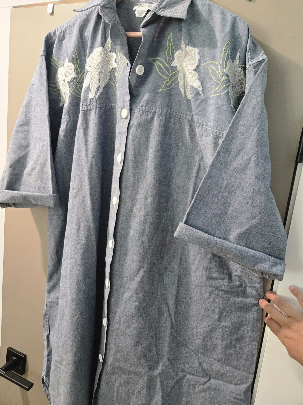 Vintage Raquel Unger Embroidered Chambray Shirt Dress Duster OSFA